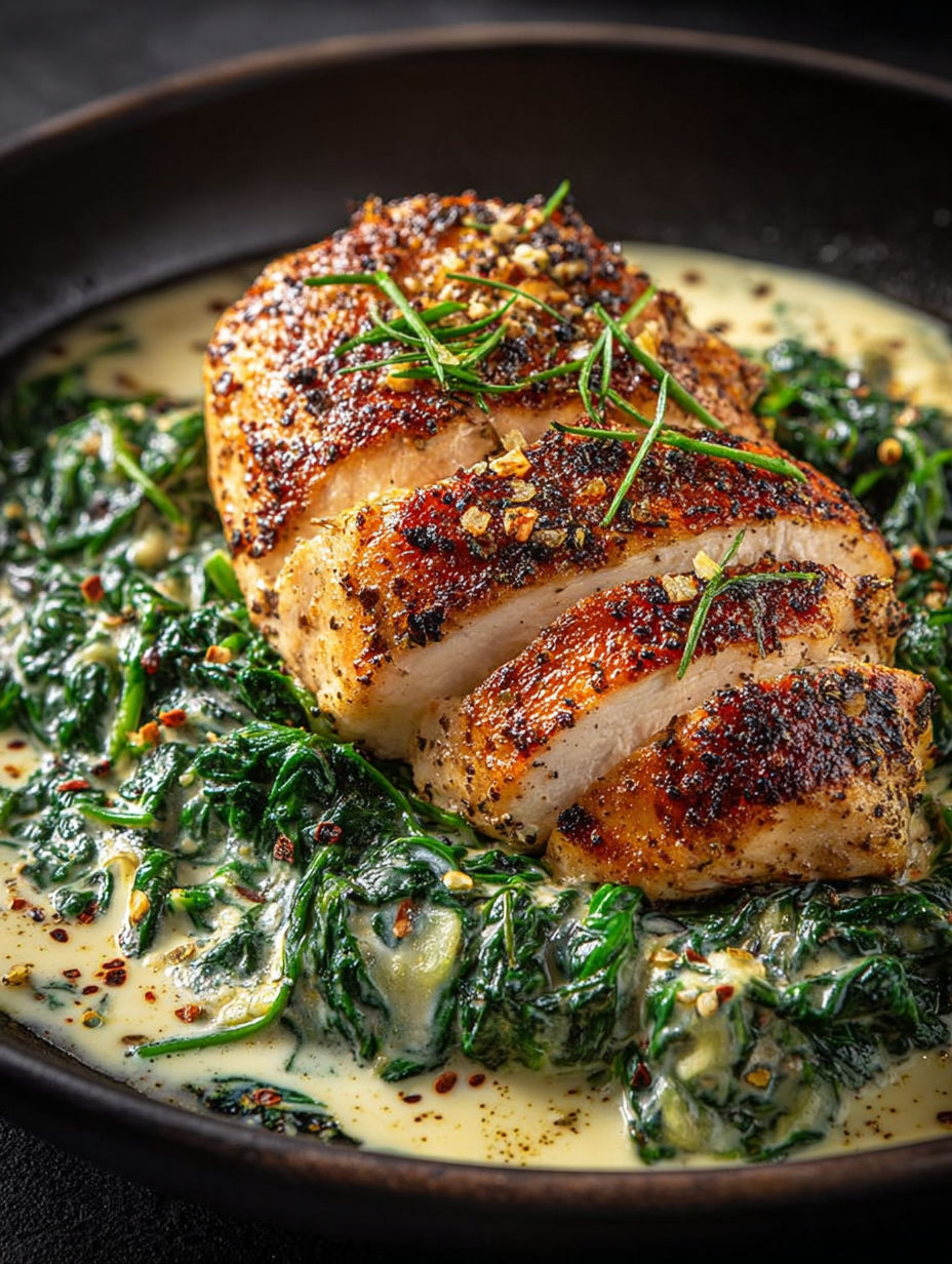 Chicken with greens and spices, served in a bowl.
