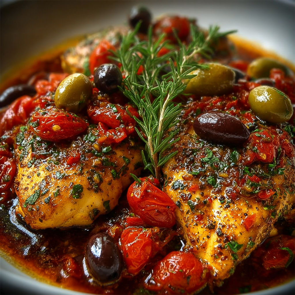 Une recette provençale de poulet avec des tomates et des olives.