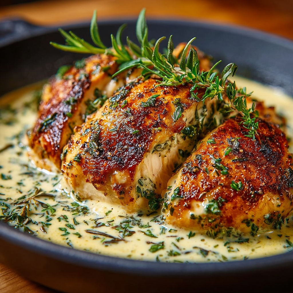 Chicken with herbs and sauce, served in a black bowl.