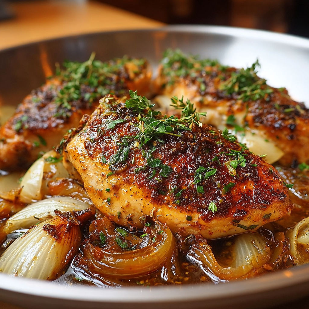 Une poêle de poulet aux oignons caramélisés, avec des herbes et des épices, est servie sur une table.