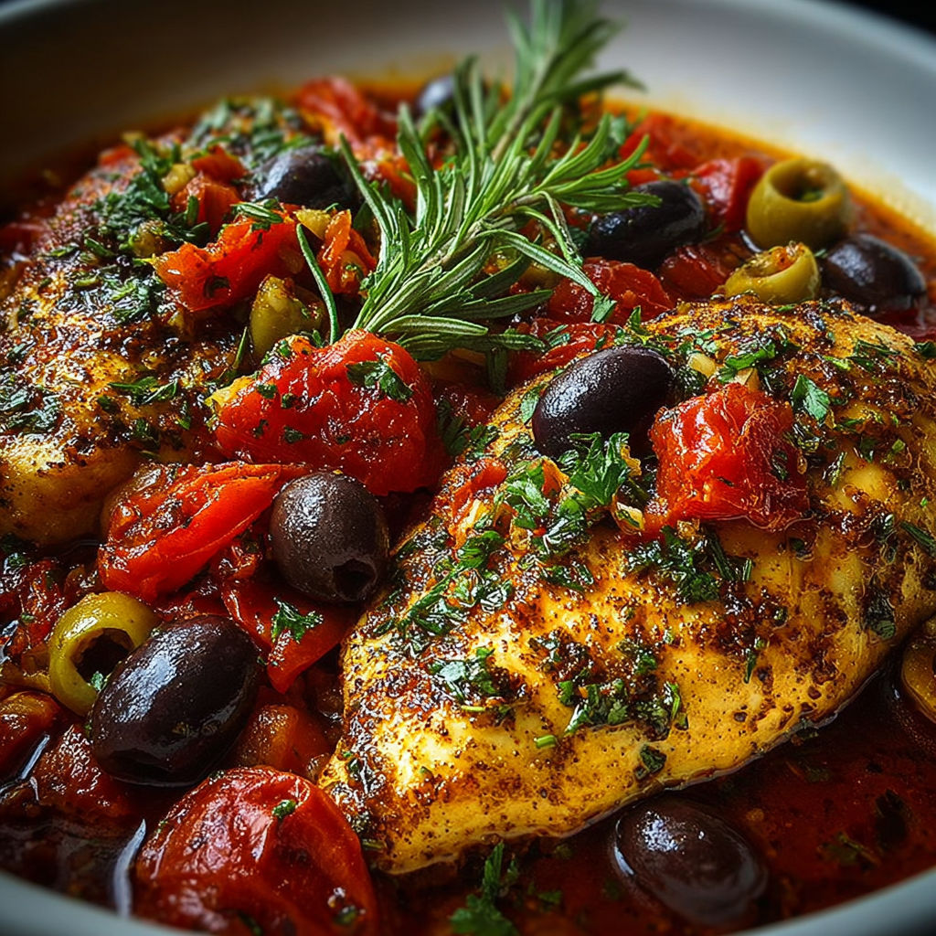 Une recette de poulet grillé avec des légumes et des olives.