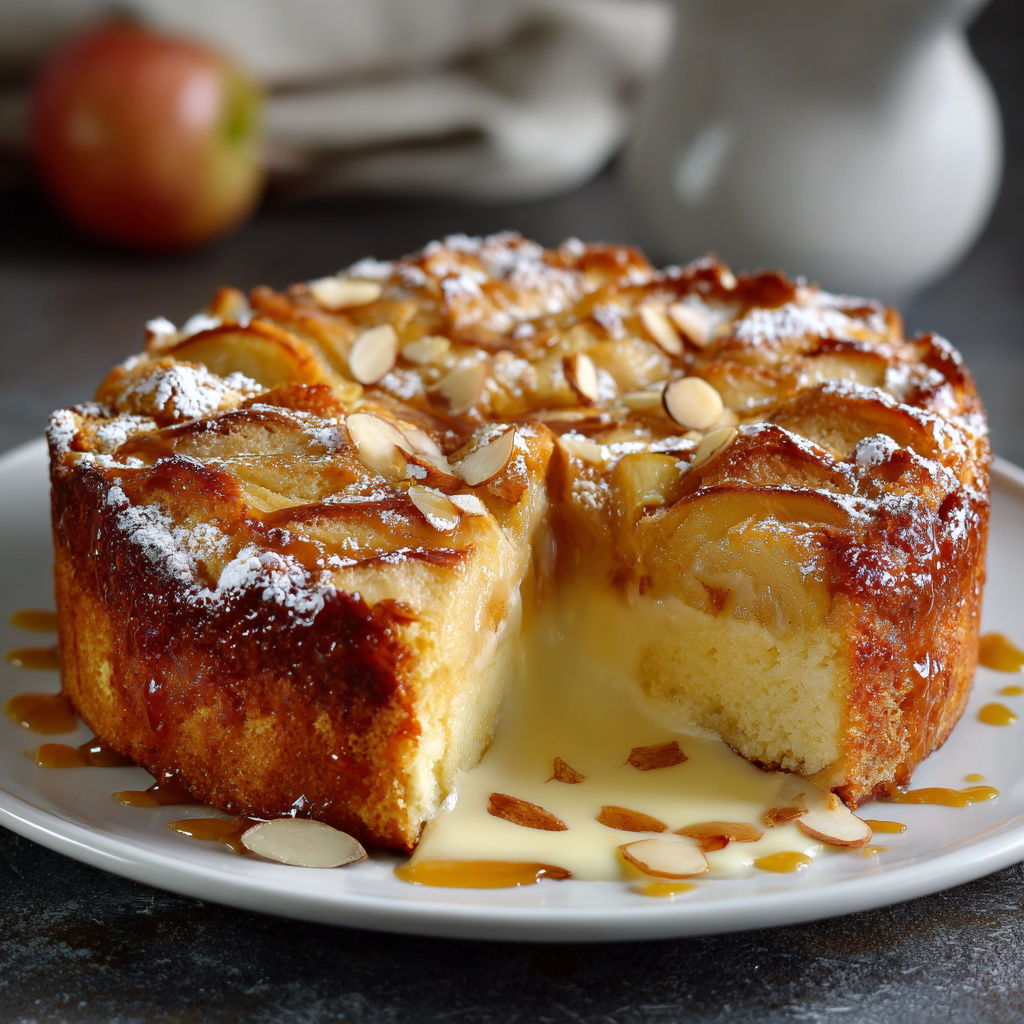 Une tarte aux pommes et noix, avec une sauce caramélisée, sur un plateau.