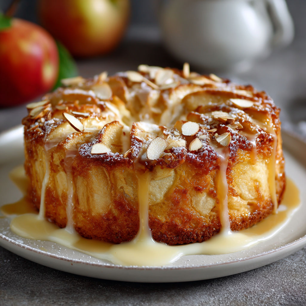 Une tarte aux pommes et noix, garnie de sauce caramel, est servie sur un plateau en grès.