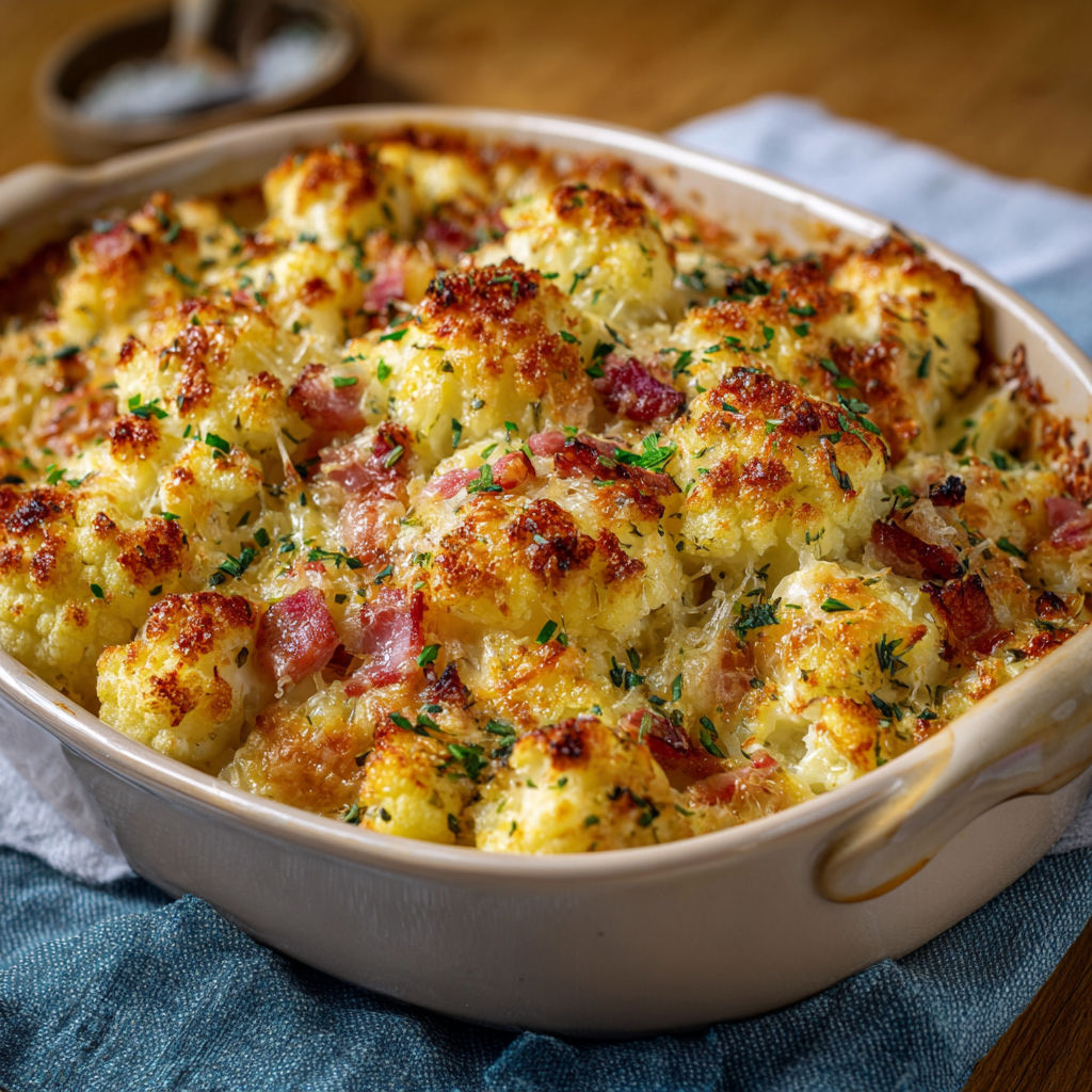 Un plat de gratin au bacon et aux pommes de terre, servit sur une table.