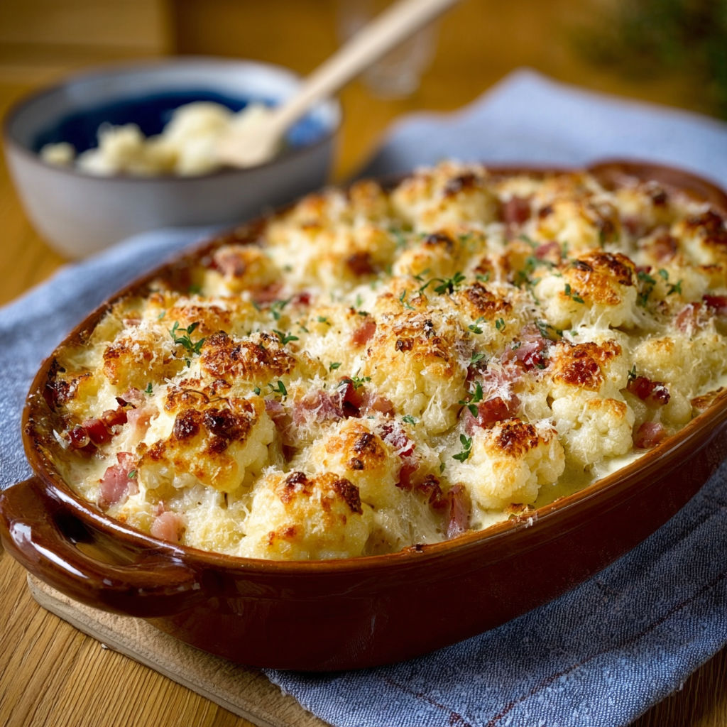 Une tarte aux pommes et bacon dans un bol en céramique.