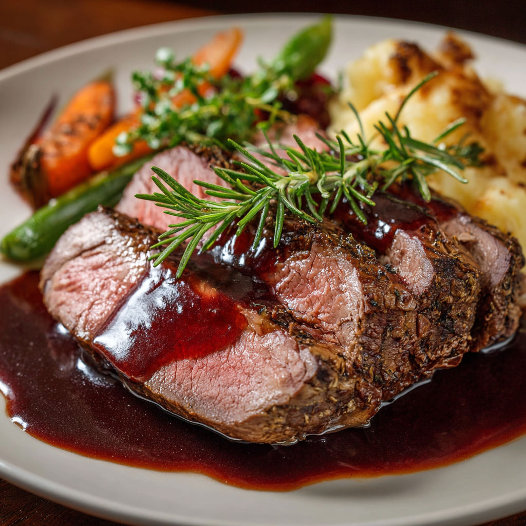 Un roti de boeuf avec des légumes et une sauce.