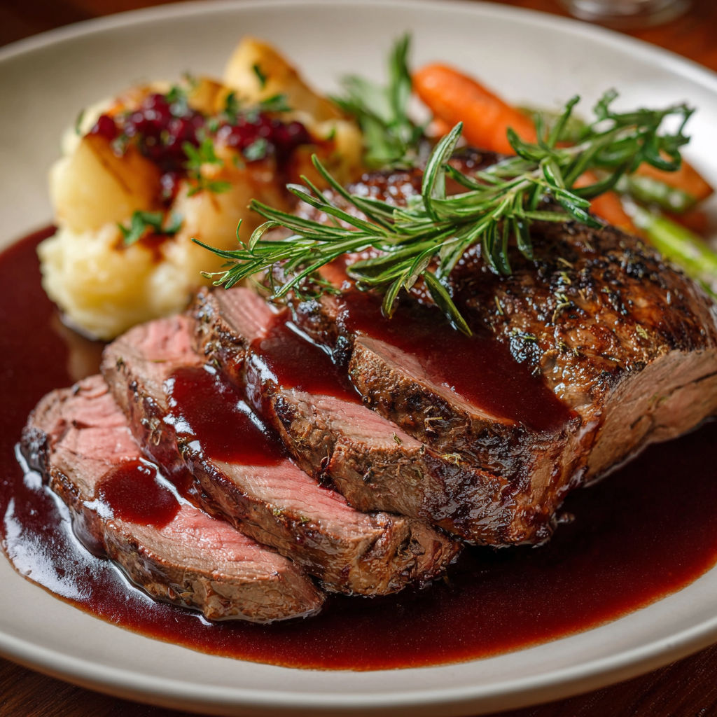 Une viande de boeuf grillée avec des légumes et des herbes, accompagnée de pommes de terre et de carottes.