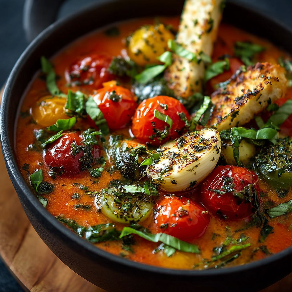 Une soupe de légumes tomates et basilic est servie dans un bol noir.