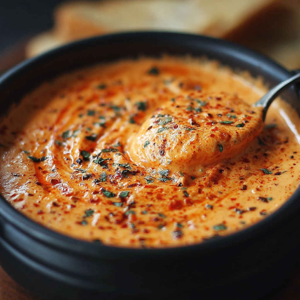 Une tasse de fondue poivron rouge rôti et fromage de chèvre est servie sur une table.