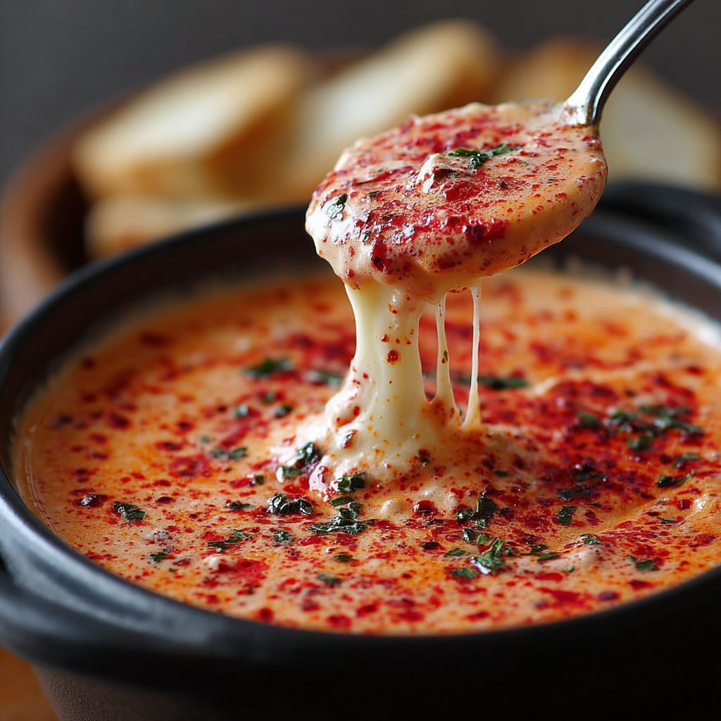 Une tasse de soup au piment et au fromage, avec une fourchette en train de retirer une portion.