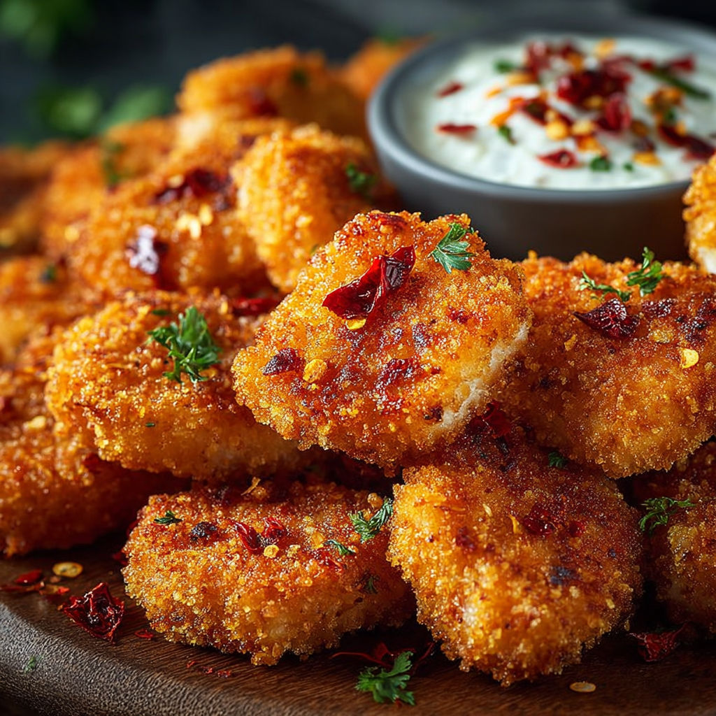 Une assiette de nuggets maison épicés, avec des pépins de poivre et une sauce.