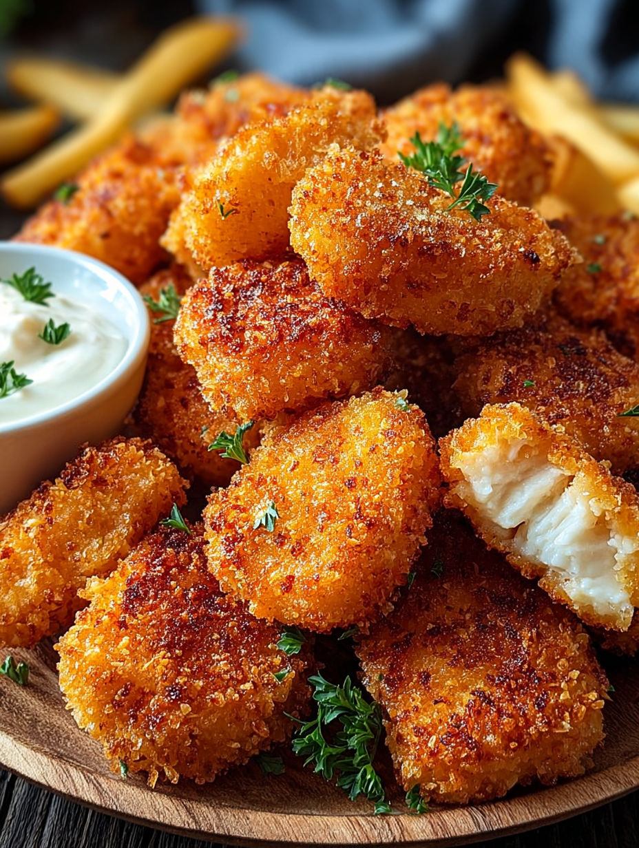 Une recette de nuggets de poulet croustillants présentés avec des herbes.