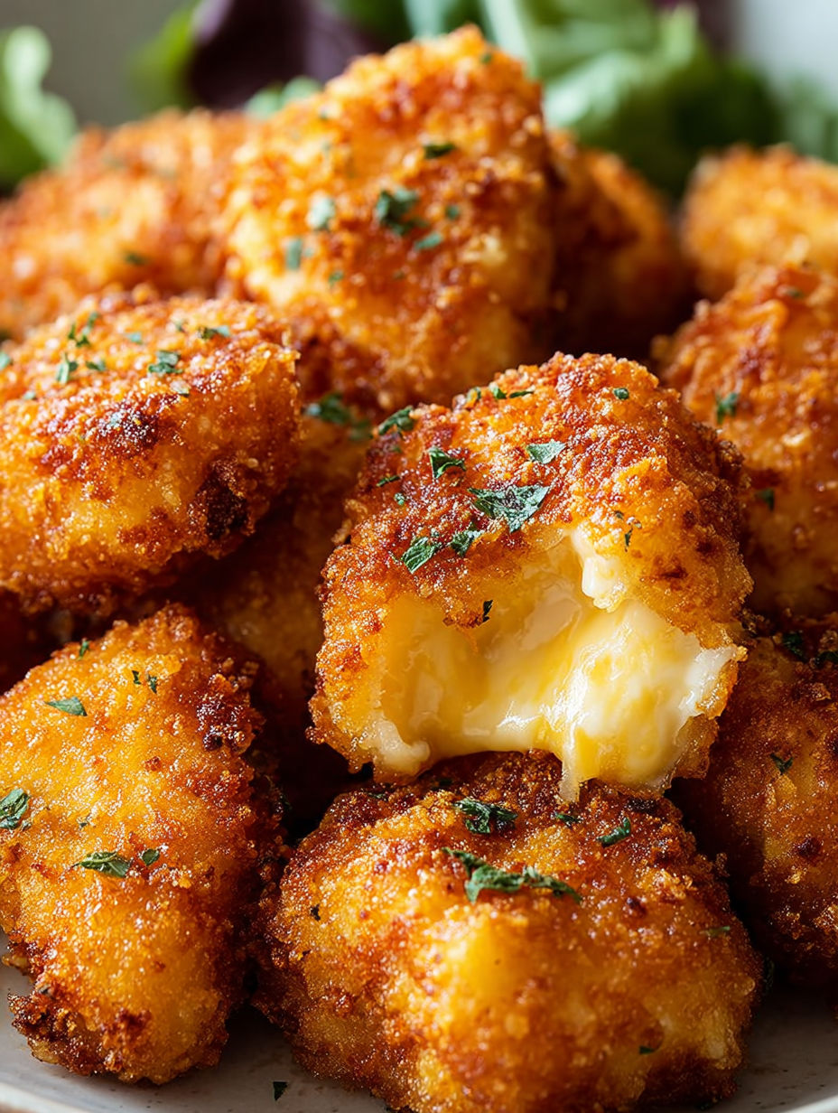 Gros plan sur un nugget de poulet ouvert laissant apparaître le fromage fondu.