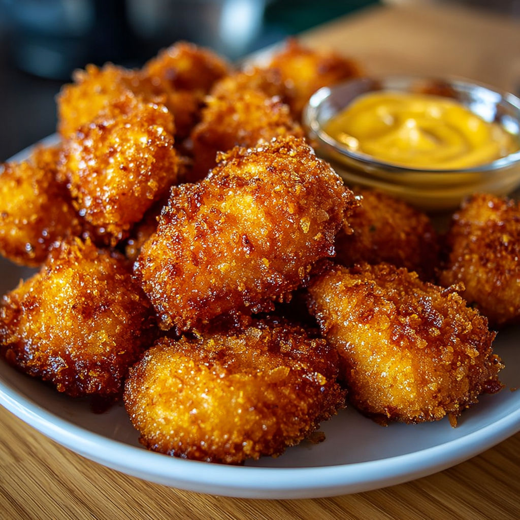 Une plate de croustillants aux cornflakes, avec une sauce au yaourt.