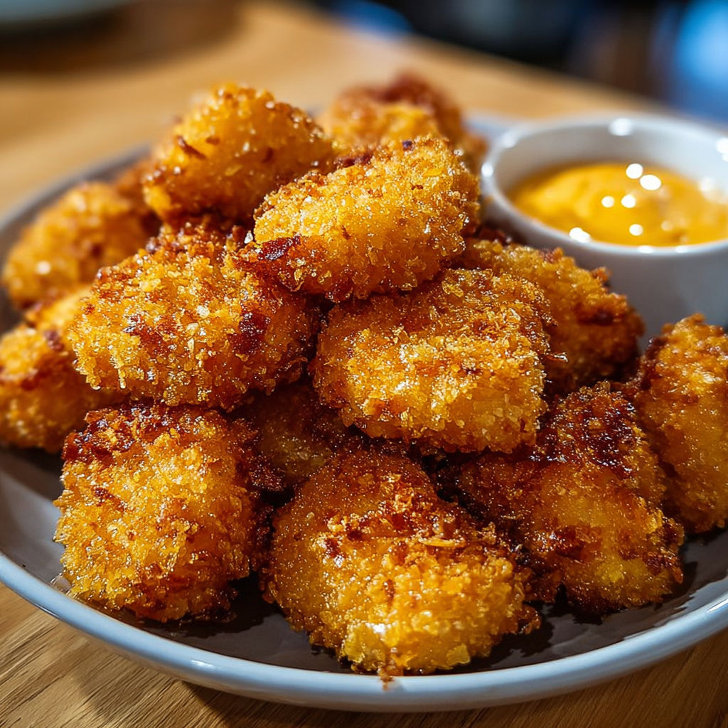 Pile de nuggets de poulet ultra croustillants aux cornflakes avec une sauce crémeuse.