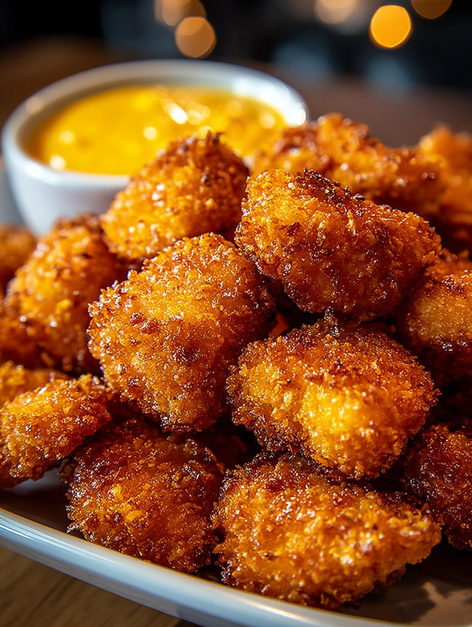 Nuggets dorés aux cornflakes présentés dans un bol avec une sauce blanche aux herbes.