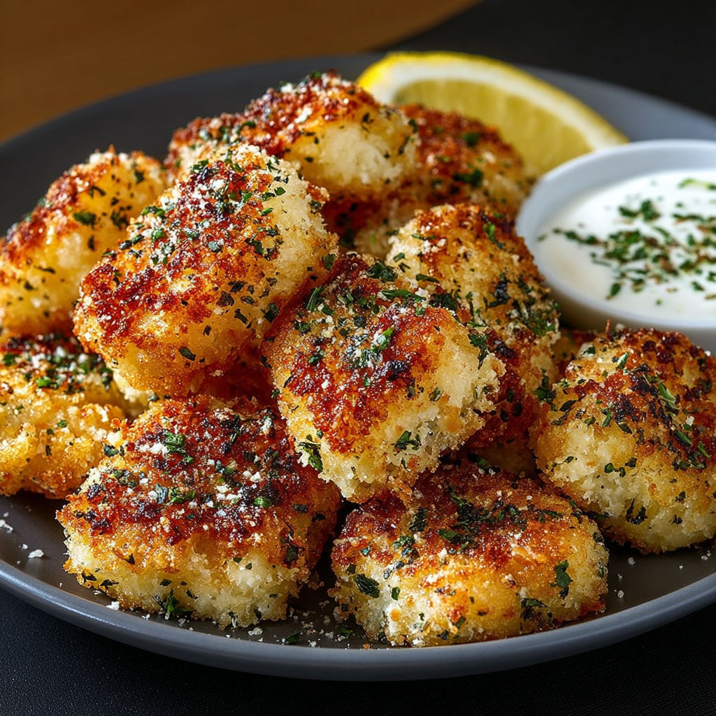 Une plate de Nuggets aux Herbes et Parmesan, avec une sauce et une citron.