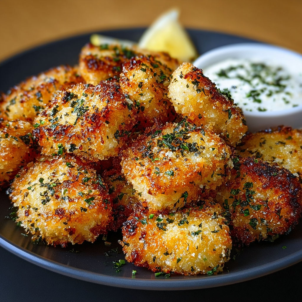 Assiette de nuggets dorés au parmesan servis avec une sauce aux herbes et du citron.