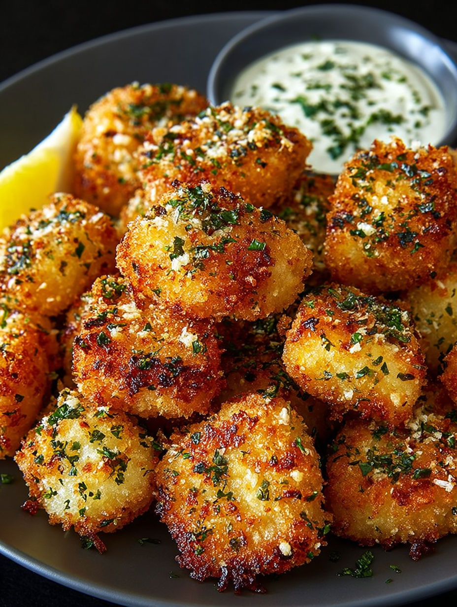 Nuggets aux herbes et parmesan présentés avec différentes sauces pour l'apéritif.