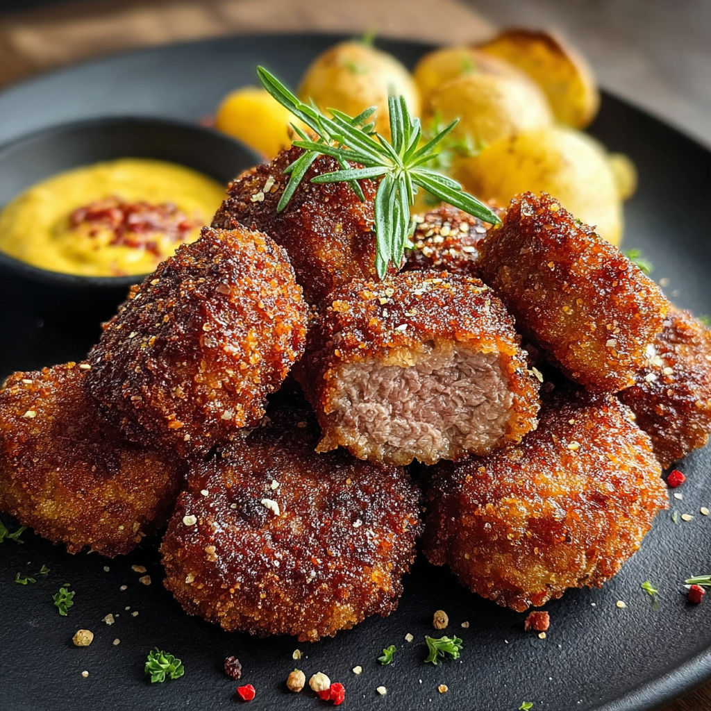 Une assiette de Nuggets de Bœuf Maison, avec des herbes et des sauces, est servie sur une table.