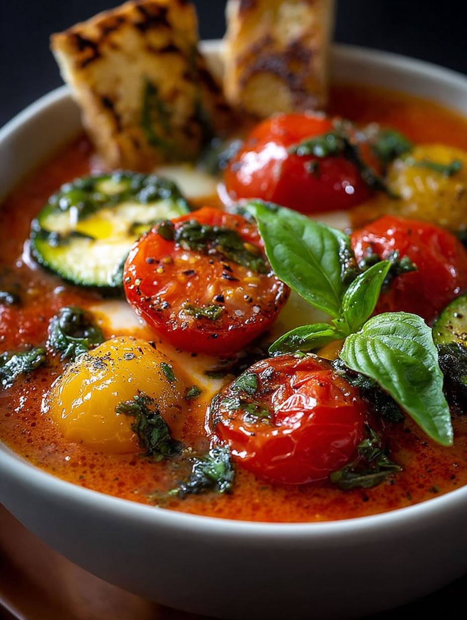 Une soupe de tomates et de cucumbers avec des herbes fraîches.