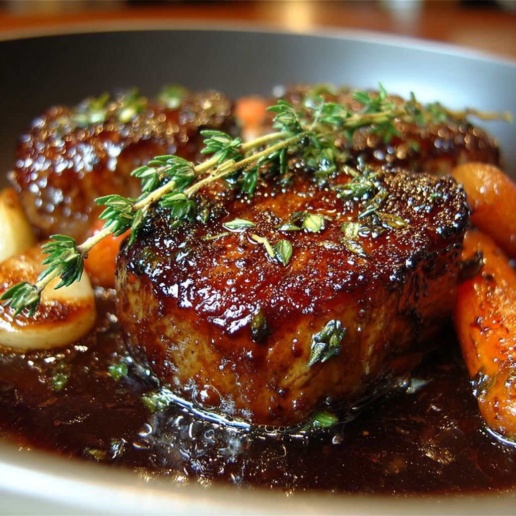 Steak au poivre avec des carottes et des herbes" - Steak with pepper and carrots, garnished with herbs.