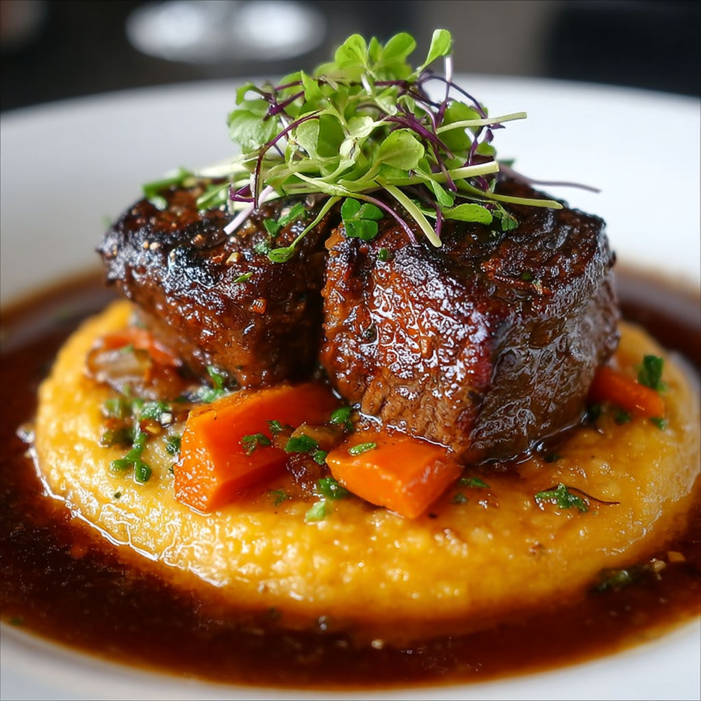 Joues de Bœuf et Purée de Carottes - Une image de joues de bœufs et de purée de carottes sur un plateau, accompagnée d'une carafe de vin.
