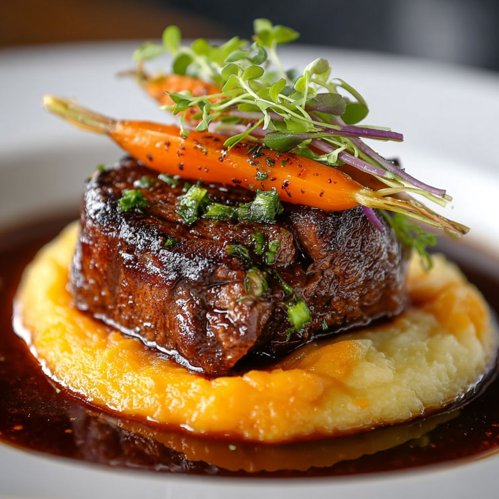 Une viande grillée avec des légumes verts et des carottes sur un plat de pommes de terre.