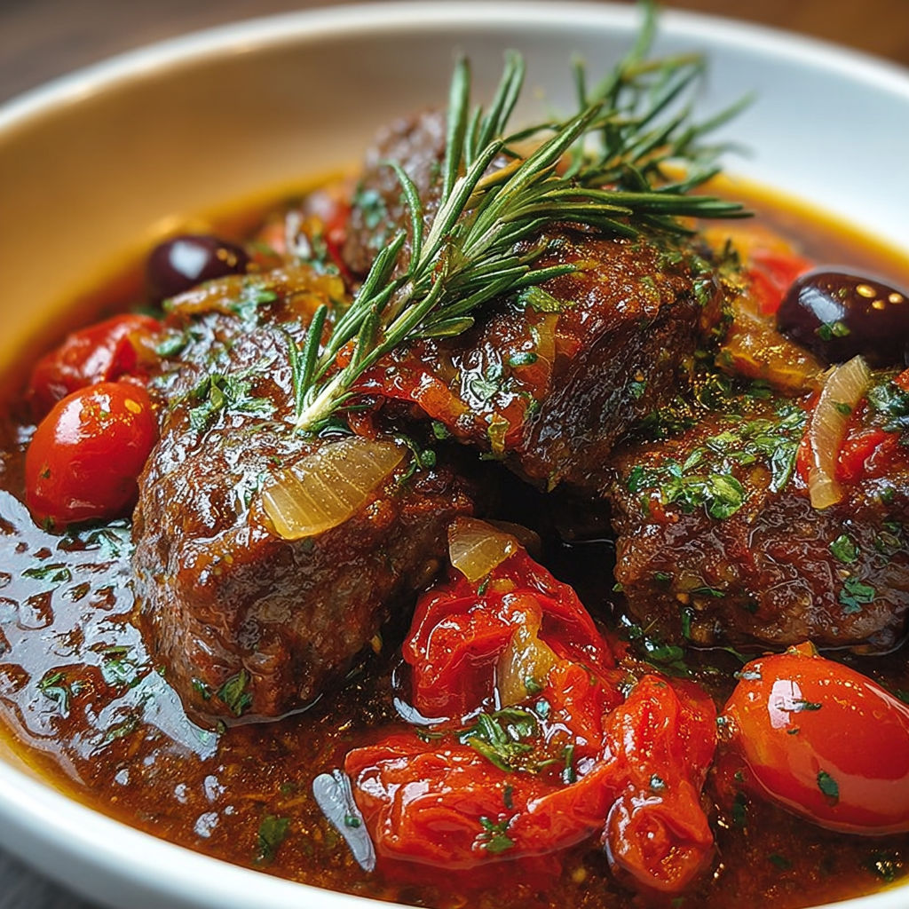 Steak au poivre avec des tomates cerises et des herbes fraîches" - Steak with peppercorns, cherry tomatoes, and fresh herbs.