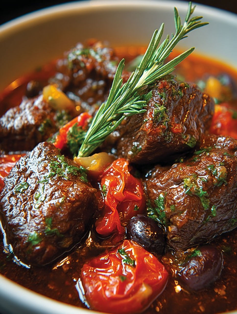 Steak au poivre avec des légumes et herbes dans une sauce épicée.