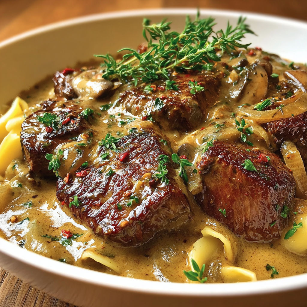 Une assiette de Joues de Bœuf à la Crème et Moutarde, avec des herbes fraîches pour garnir.