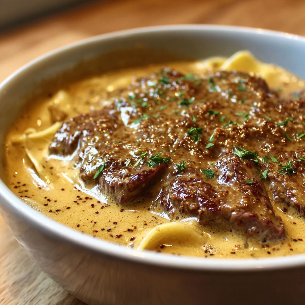 Une soupe de boeuf chaude avec des herbes et des pâtes.