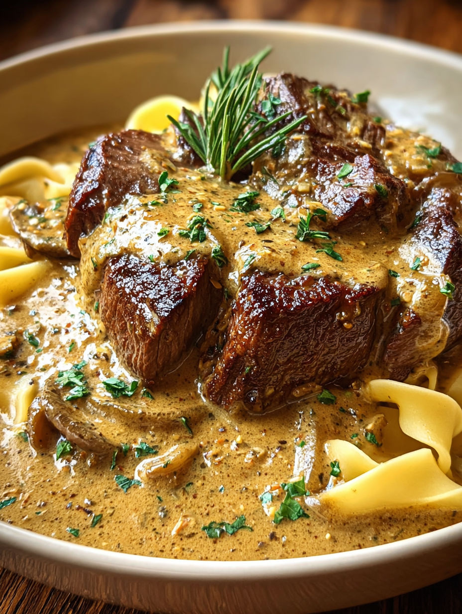 Une viande de boeuf grillée avec des herbes et des pâtes.