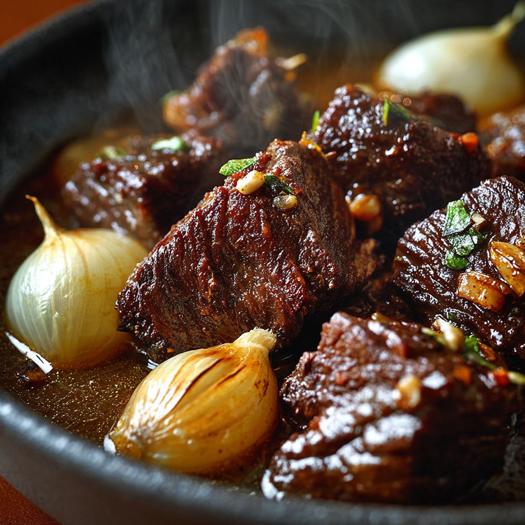 Joues de bœuf mijotées avec des oignons et des épinards.