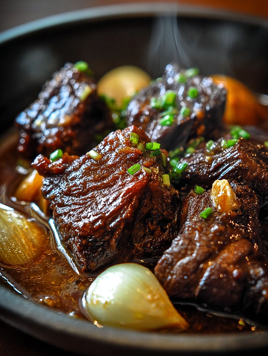 Boeuf à la sauce piquillo" - Une recette de boeuf mijoté avec des oignons et des herbes, servie dans un bol.