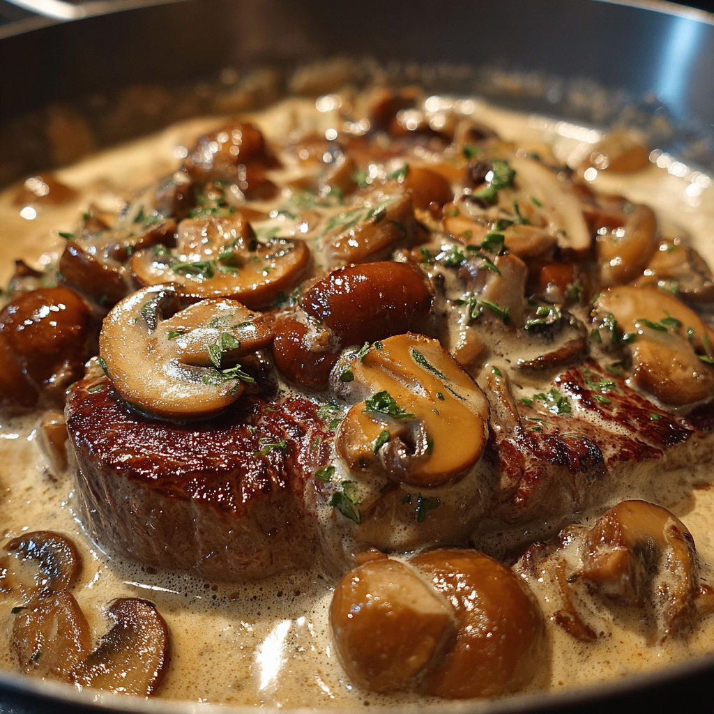 Une recette de Joues de Bœuf aux Champignons et Crème est servie dans un plat en métal.