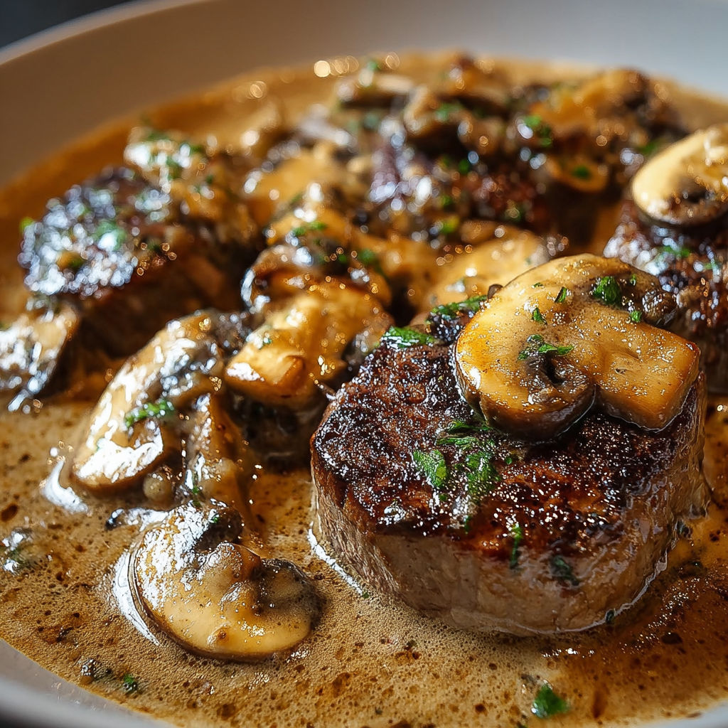 Steak au poivre avec des champignons et des herbes" - Steak with pepper and mushrooms, served in a bowl.