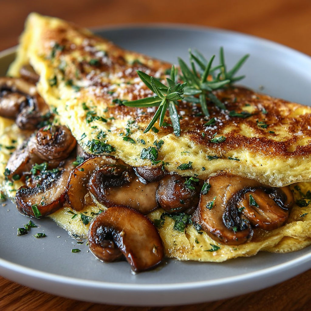 Une omelette aux champignons et herbes, servie sur un plateau.