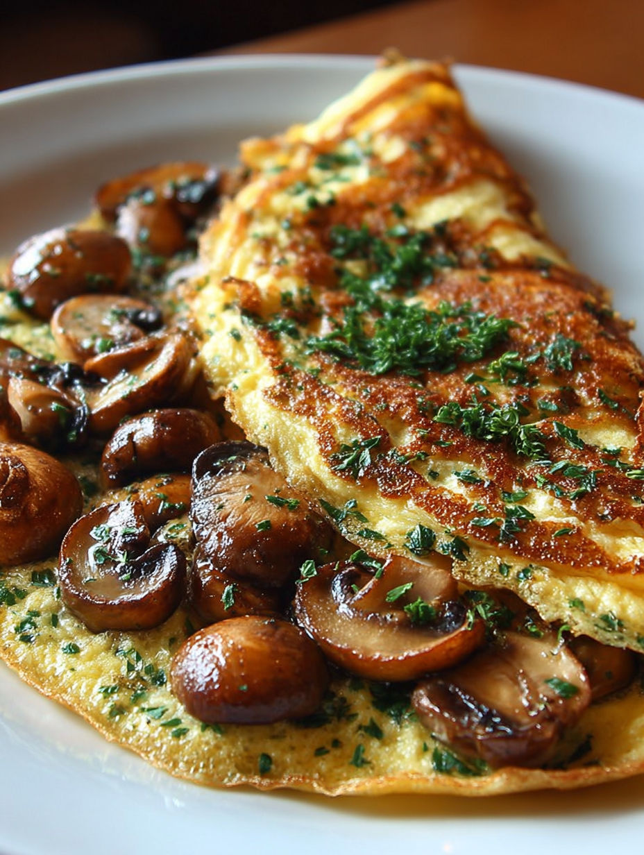 Une omelette aux champignons et herbes, servie sur un plateau.