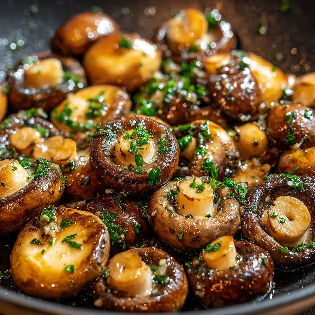 Mushrooms are cooked in a pan with garlic and herbs, creating a delicious and healthy dish.