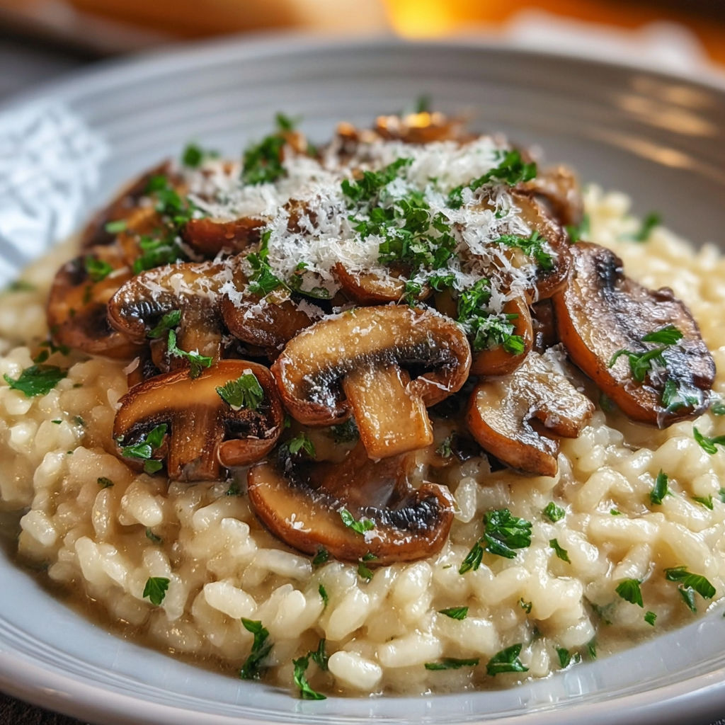 Une assiette de risotto aux champignons crémeux, garnie de herbes fraîches.