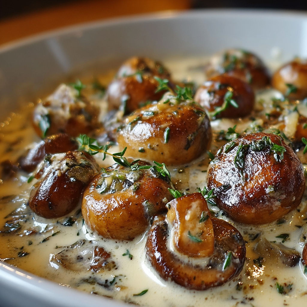 Une assiette de champignons sautés dans une sauce crème et thym.