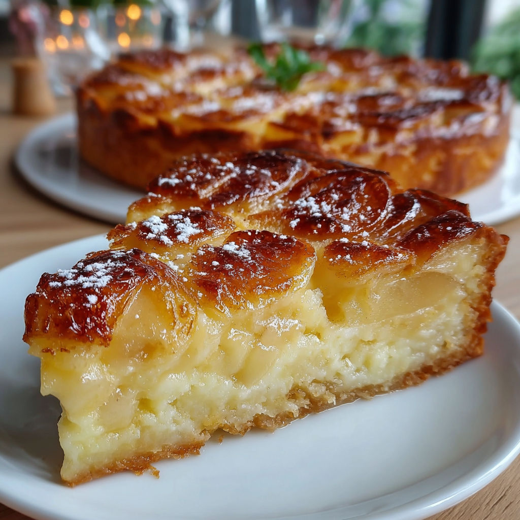Une tarte aux pommes et aux croissants, garnie de sucre, est servie sur un plateau.