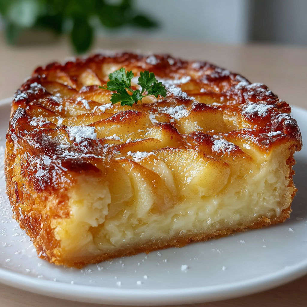 Une tarte aux pommes est servie sur un plateau en verre.