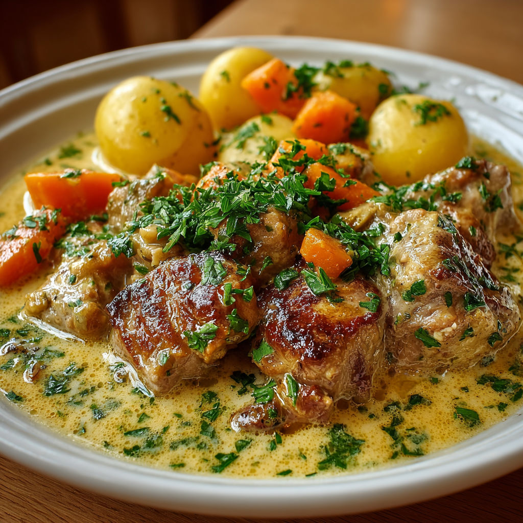 Une blanquette de viande avec des légumes et des carottes.
