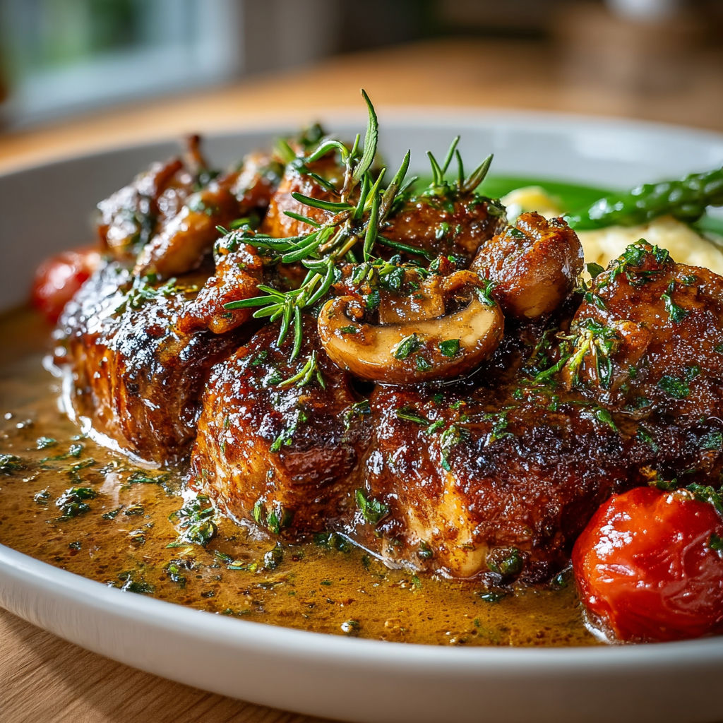 Joue de boeuf avec des champignons et des légumes.