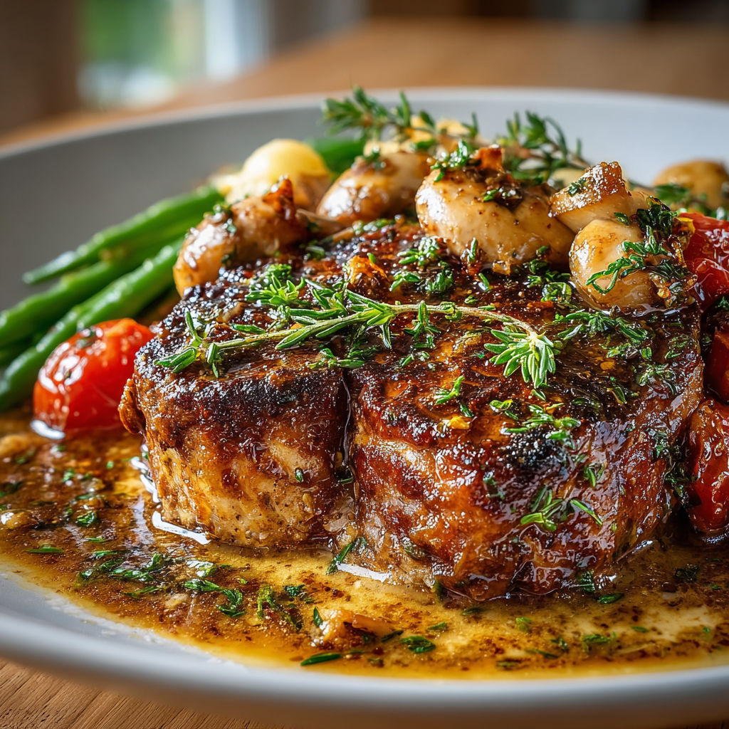 Une viande grillée avec des légumes et des champignons, accompagnée de pommes de terre et de haricots verts.