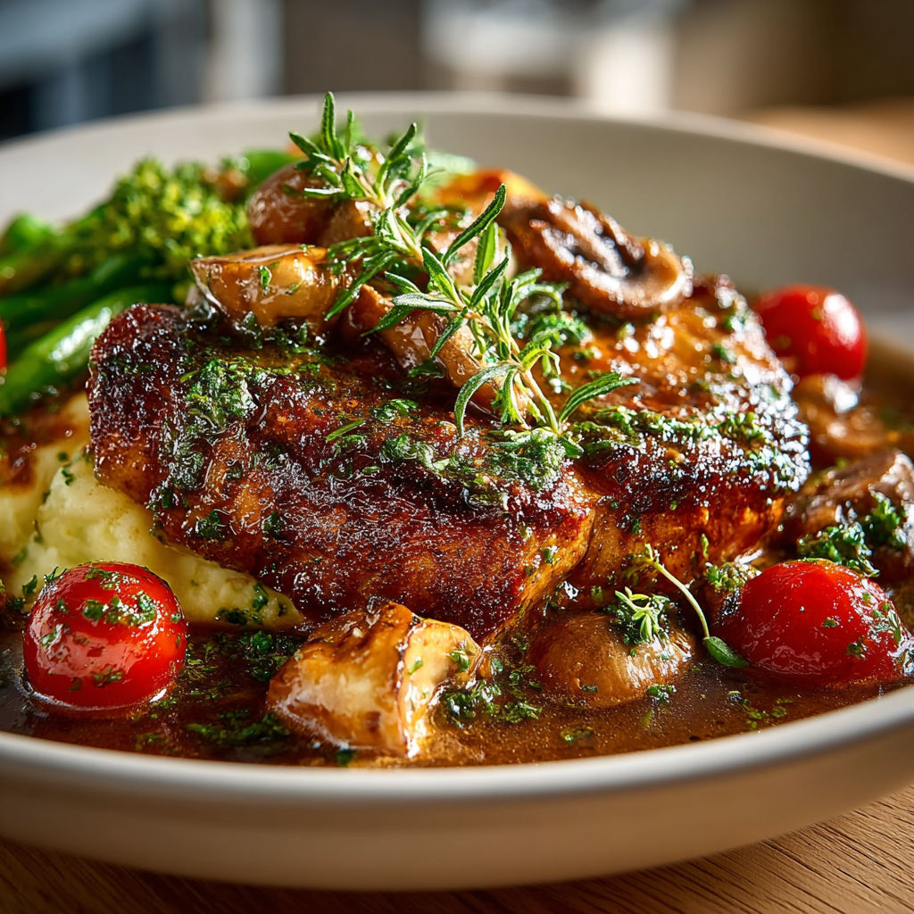 Une recette de poulet grillé avec des légumes et des champignons, servis dans un bol.