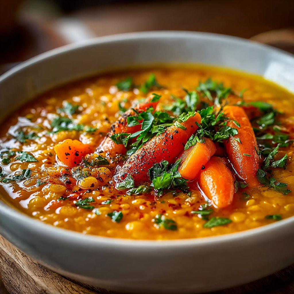 Une soupe chaude avec des carottes et des épinards.