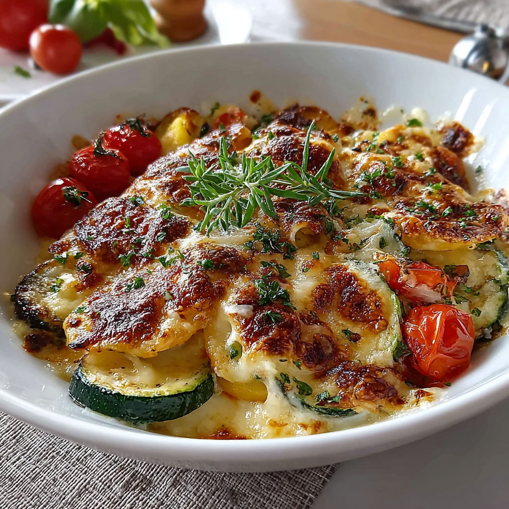 Un plat de gratin avec des tomates, des courgettes et des herbes.